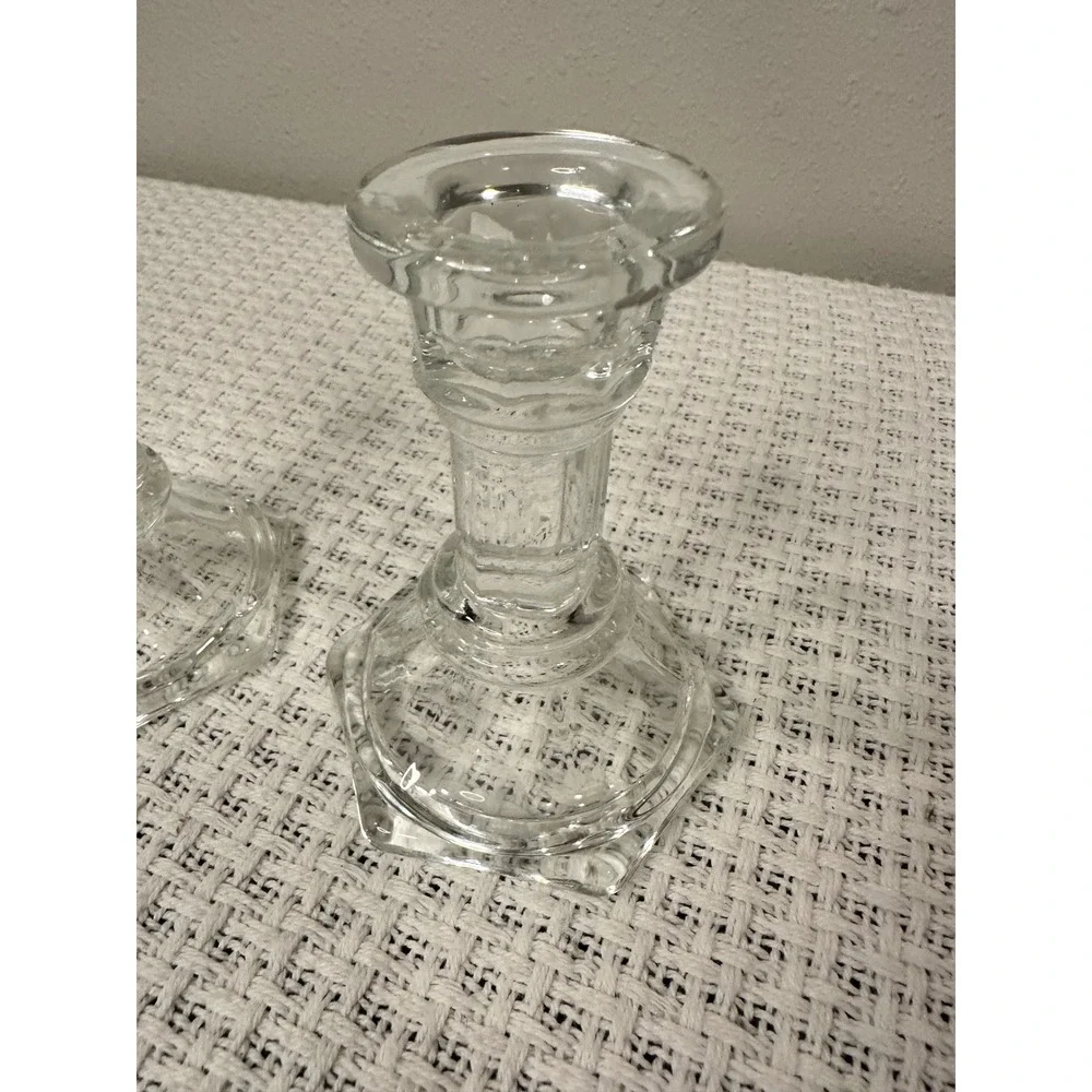 Vintage Glass Candlestick Set Clear Hexagon Base Fluted Taper Colonial Decor